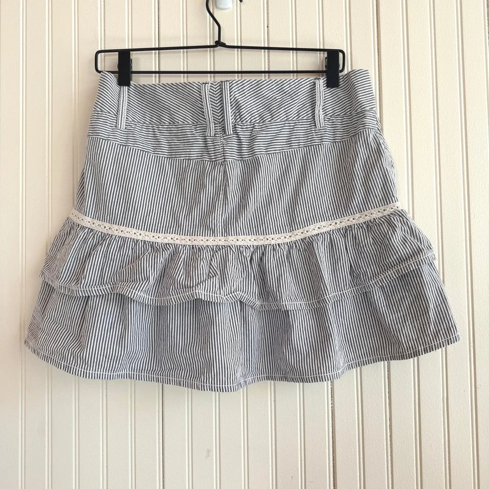 Playlife Blue White Pinstripe Nautical Ruffle Mini Skirt Lace Trim Anchor Button